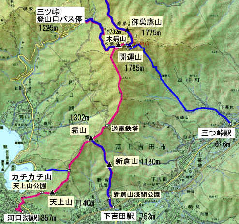 三ツ峠山登山コース地図