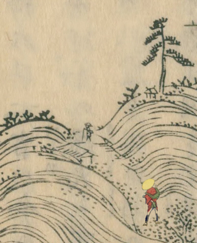 図２５　「御坂嶺河口湖両景」の山道に旅人