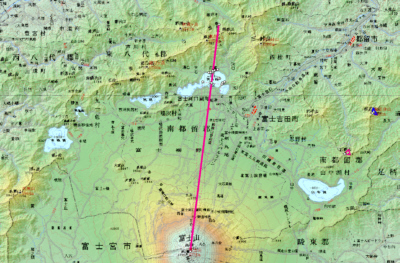 図６　産屋嵜-鵜島の114：100となる地点と富士山頂上の中心を結ぶ線