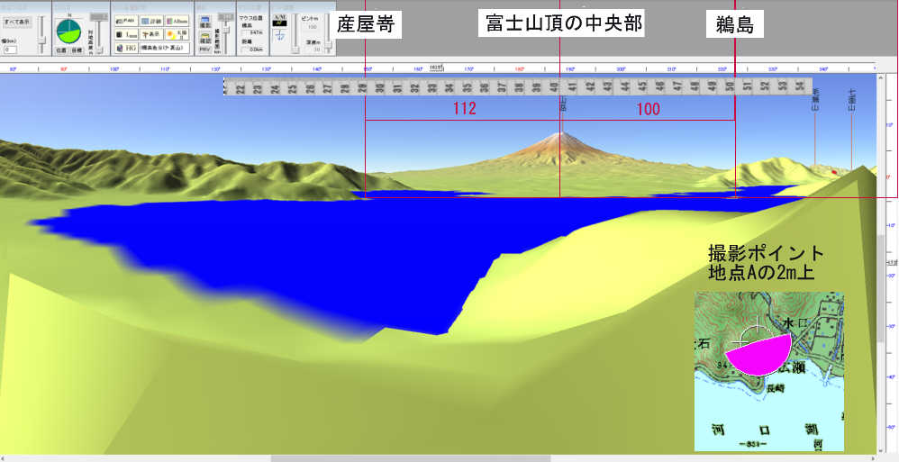 　図７　産屋嵜-鵜島の114：100となる地点と富士山頂上の中心を結ぶ線じょうにある地点Aからのカシバード画像の寸法測定