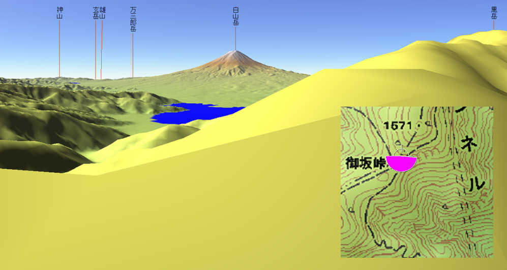   図１３　御坂峠頂上からの富士山と河口湖のカシバード画像