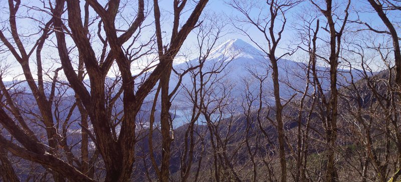 図４２　「西の御坂峠」頂上手前15分ほどのところからの展望　　（201４年１２月２7日撮影。富士山と河口湖が見えています。）