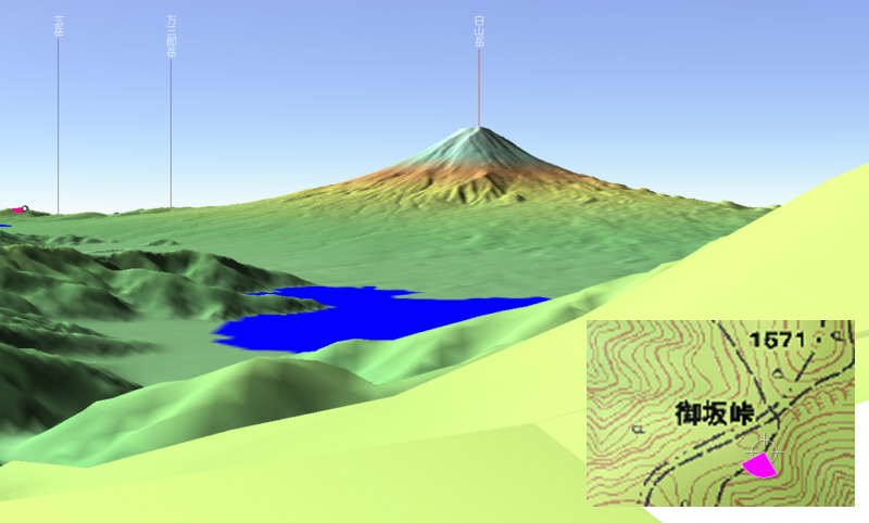 図４１　カシバードで作成した河口湖から「御坂峠」へ行く登山道からの展望　