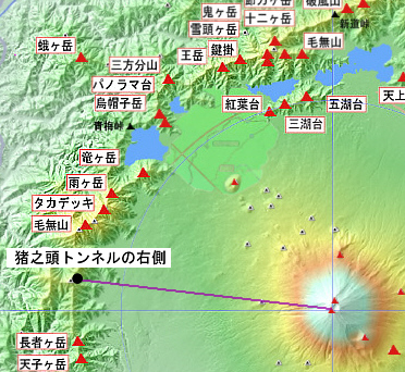 湯之奥猪之頭トンネルからでた道と富士山の地図