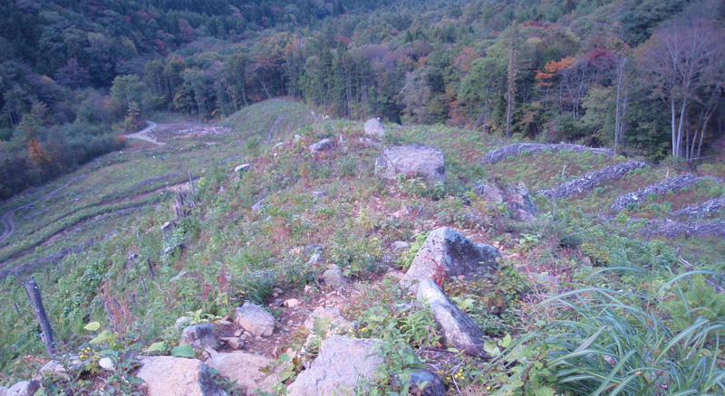 登山口ポストの上の坂からの景色