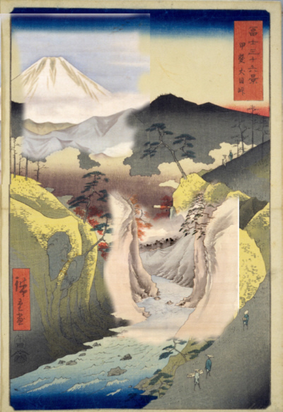「冨士三十六景甲斐犬目峠」と「犬目峠春景図」と「猿橋冬景図」