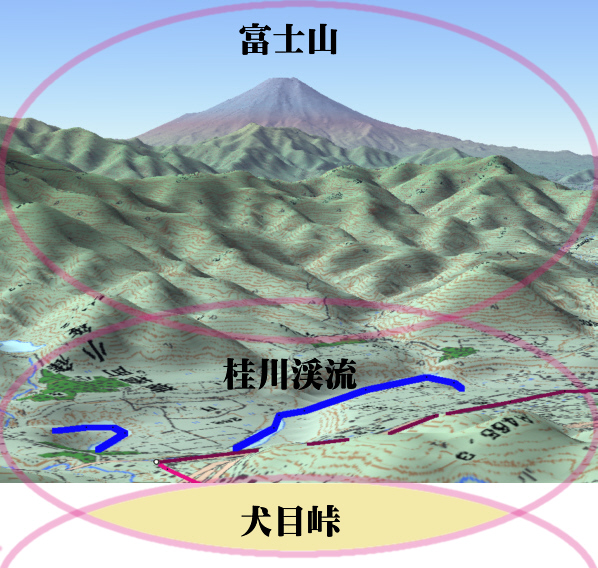 君恋温泉の300ｍ上空からの富士山、桂川と犬目峠