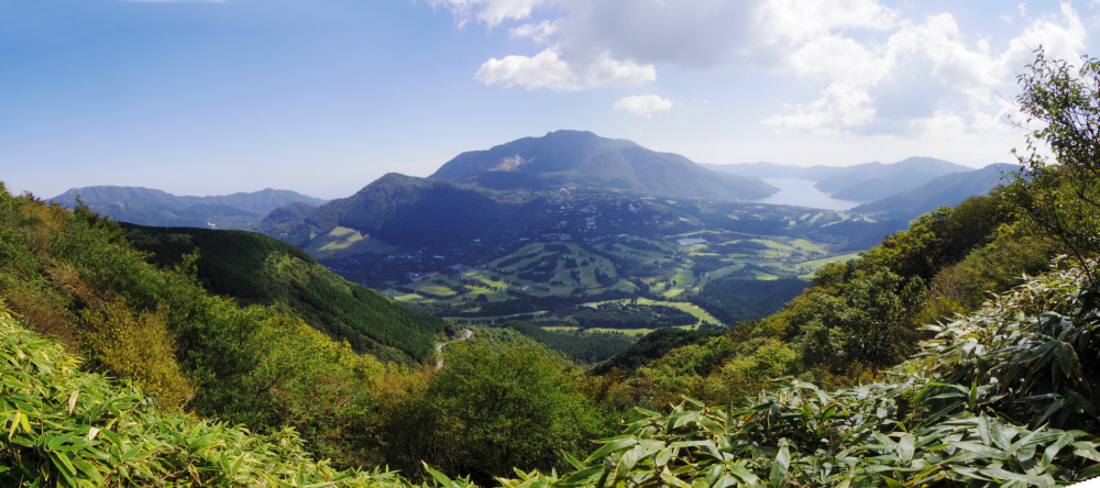 富士見台から丸山へ行く山道からの芦ノ湖とゴルフ場