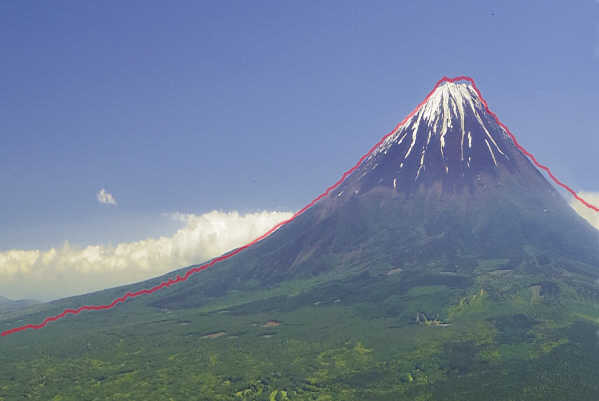 左の中腹が外側に膨らんでいる王岳からの富士山